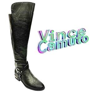 Vince Camuto Knee-High Black Leather Boots Gold Hardware Size 5M Zip
